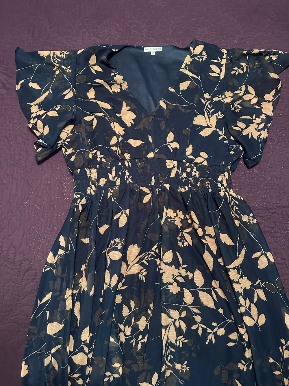 Baltic Born Navy Floral Flutter-Sleeve Midi Dress